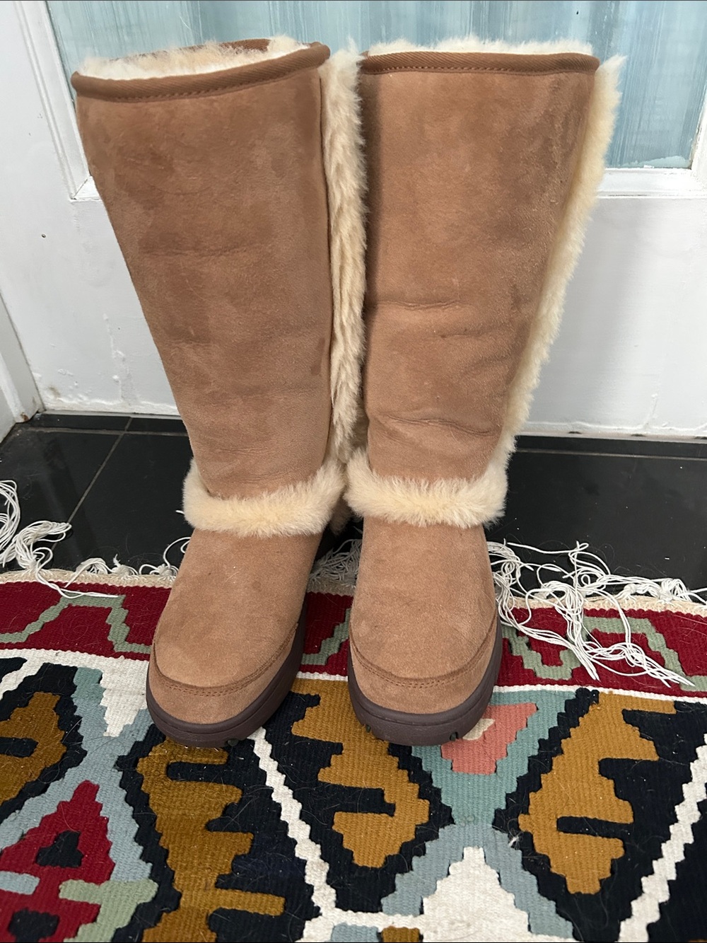 UGG Tall Shearling-Trim Suede Boots in Chestnut